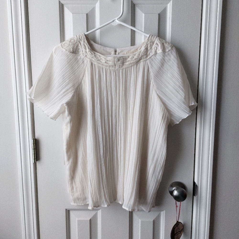 Tulle - Sheer Short-Sleeve Pleated White Bohemian Blouse